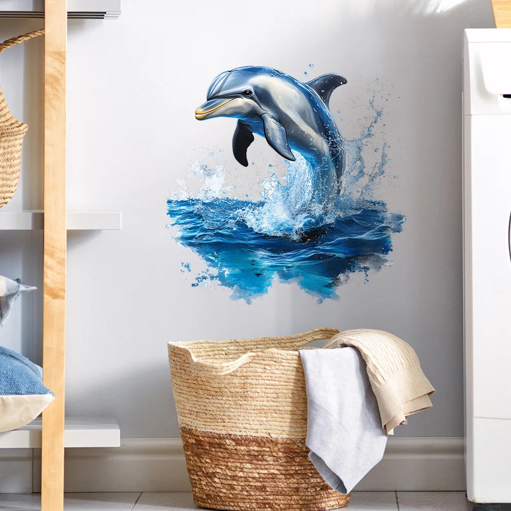sticker mural dauphins sautant eau bleu blanc réaliste auto adhésif résistant eau salon baignoire