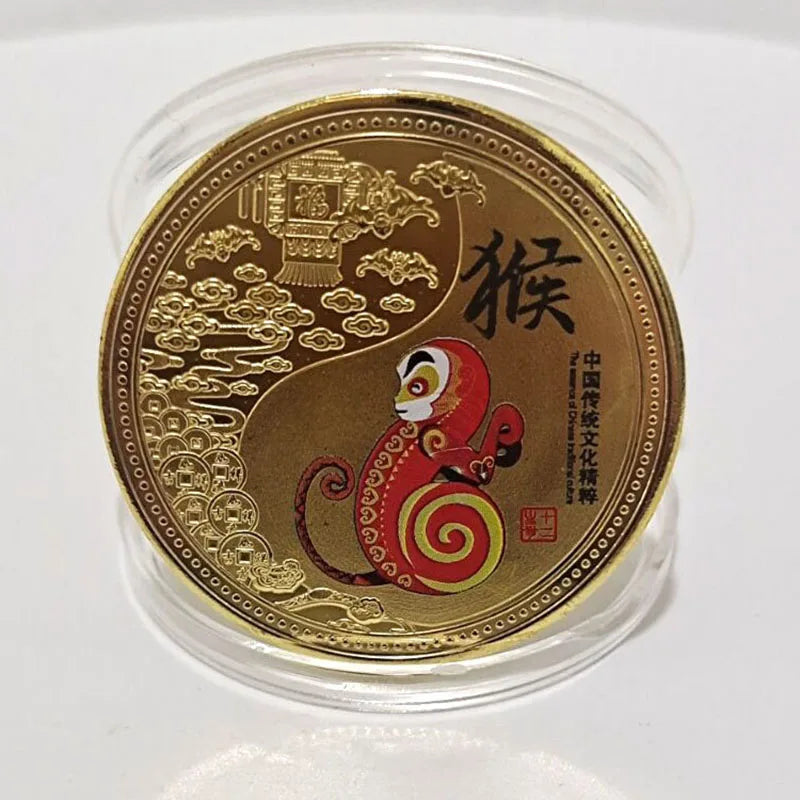 médailles zodiaque chinois animaux symboles yin yang decoration florale or rouge noire bleu verte