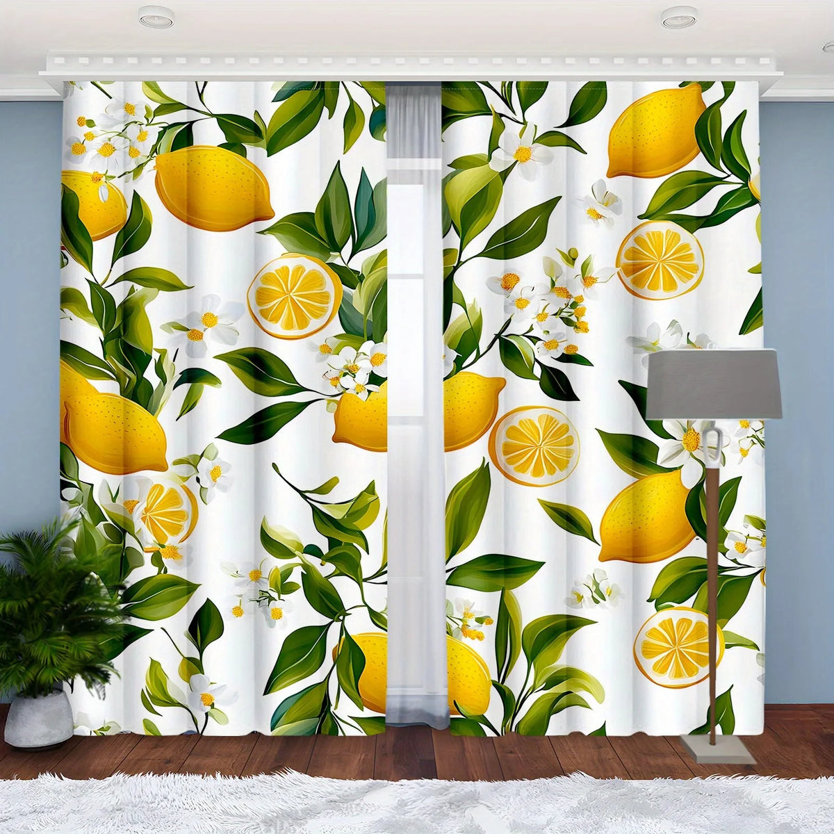 rideau imprimé citrons feuilles vertes blanc moderne opac 100 polyester salon cuisine
