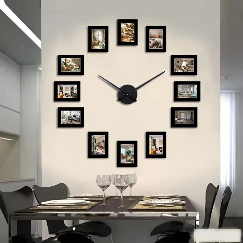 horloge murale moderne noire cadres photo aiguille quartz métal salon