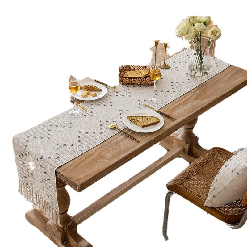 table table lin motif floral beige clair gris moderne rustique pompons brodé