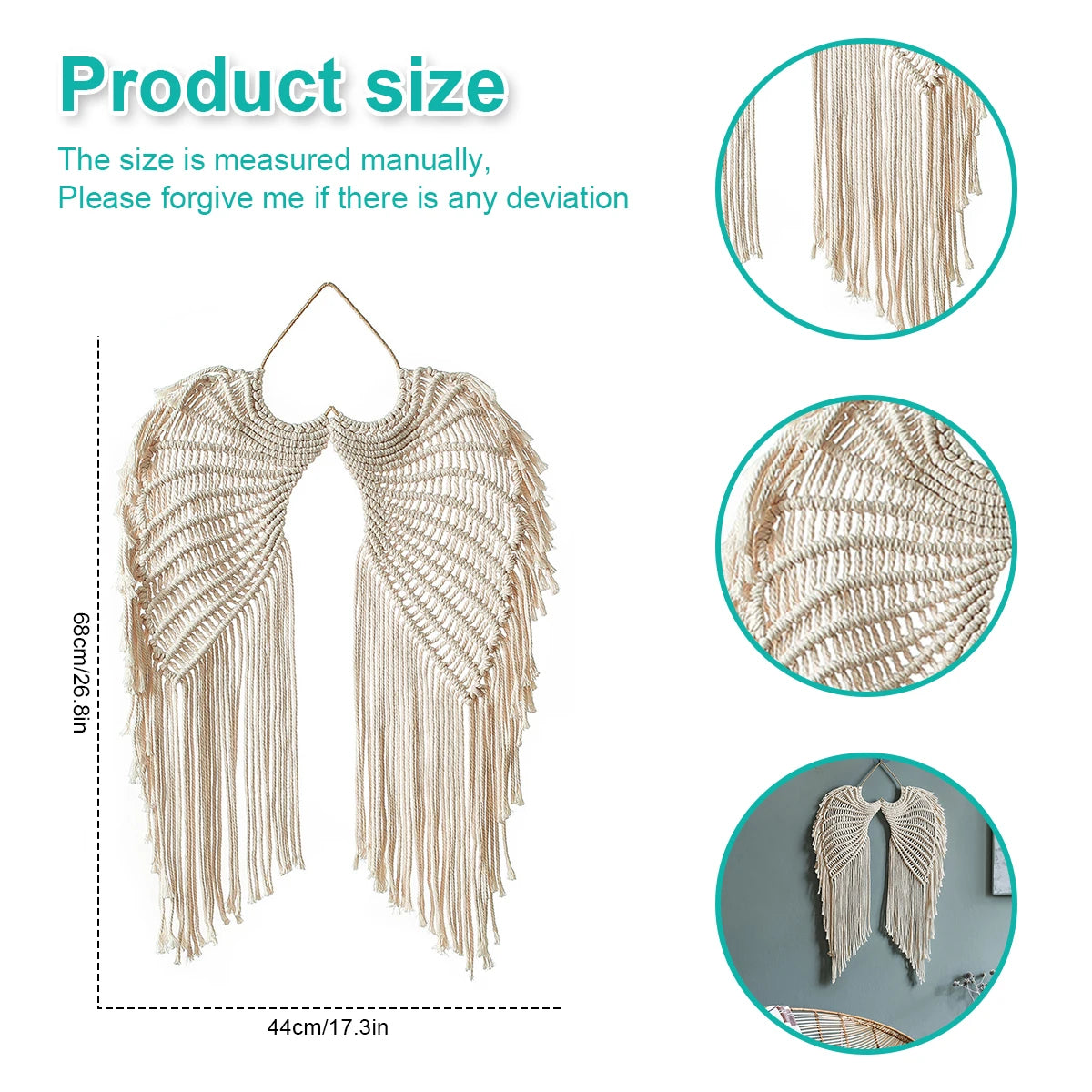 tapisserie murale ailes ange tissage macramé franges boho beige clair crochets métalliques deco artisanale