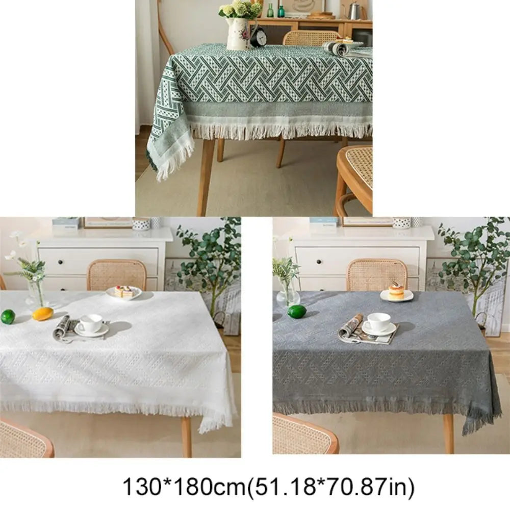 nappe rectangulaire imperméable motif géométrique franges bohème rustique verte blanche grise table basse pique