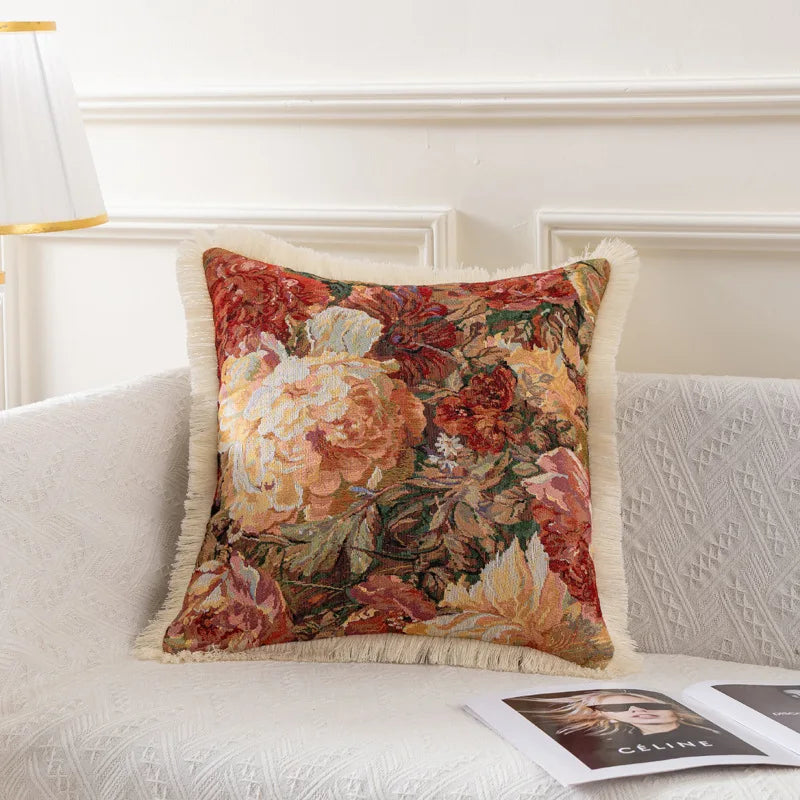 taies d'oreiller jacquard vintage motif floral multicolore coton polyester adhésif lit maison