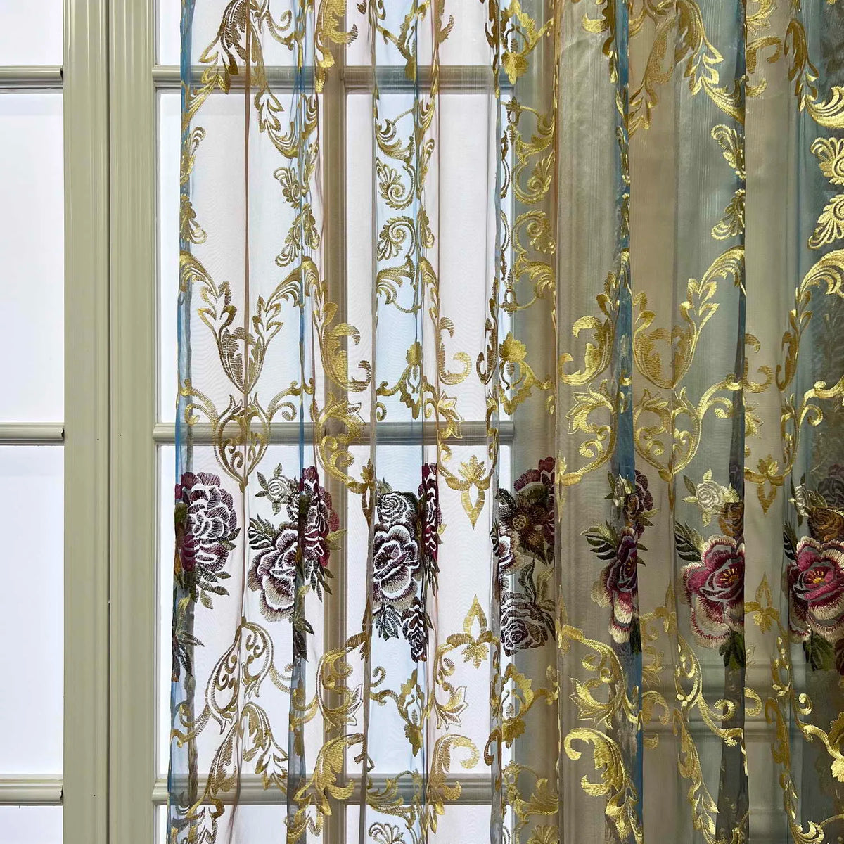 rideau floral transparent gris doré bleu élégant tulle brodé anneaux fenêtre maison