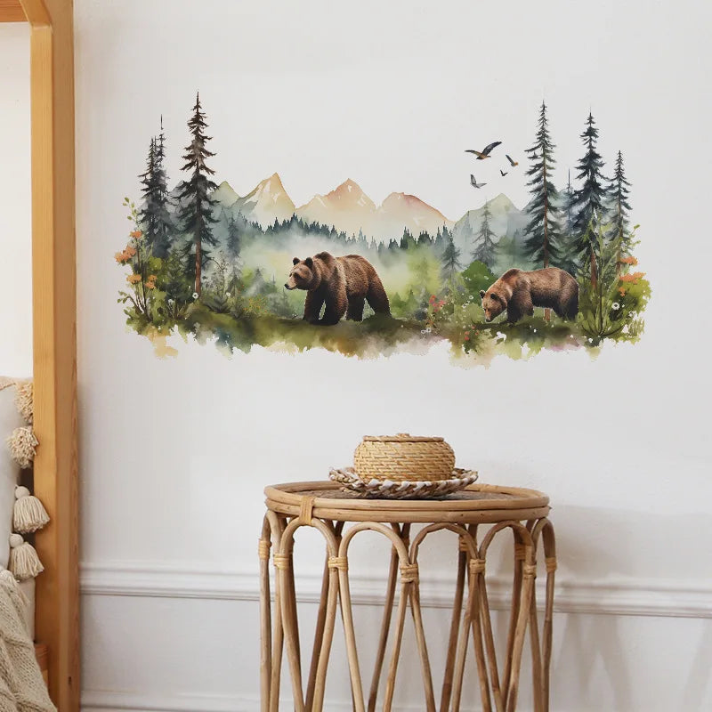 sticker mural ours forestier paysage aquarelle decoration maison chambre enfants moderne