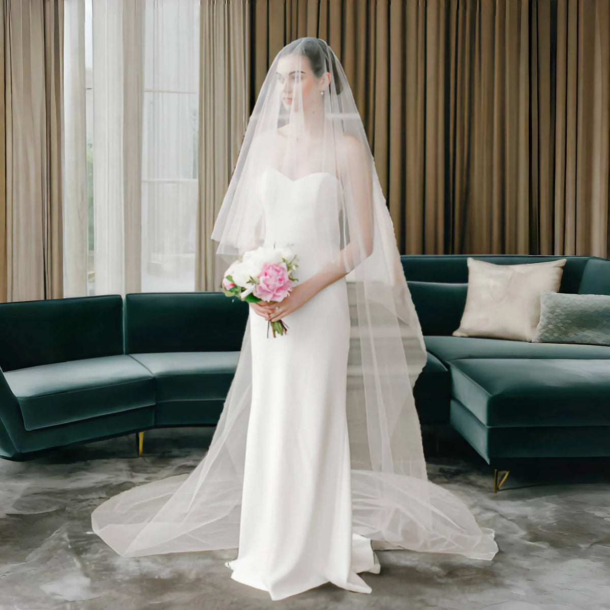 voile mariée blush deux niveaux cathédrale transparent élégant mariage demoiselle d'honneur