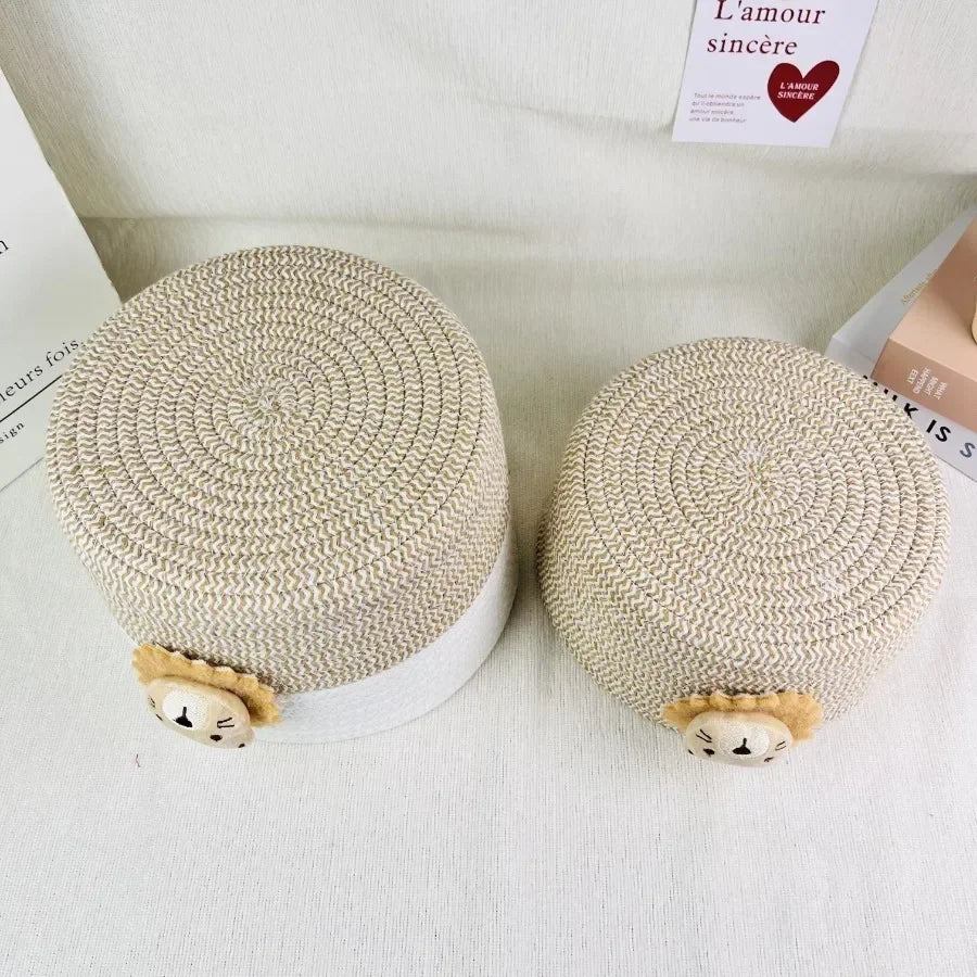 paniers tissus motif lion blanc beige rangement salon respectueux environnement multiple utilisation