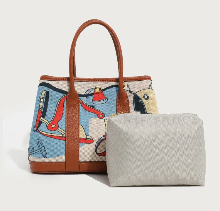 Sac main femme toile imprimé motifs jouets bandoulière amovible poches intérieures moderne casual polyvalent