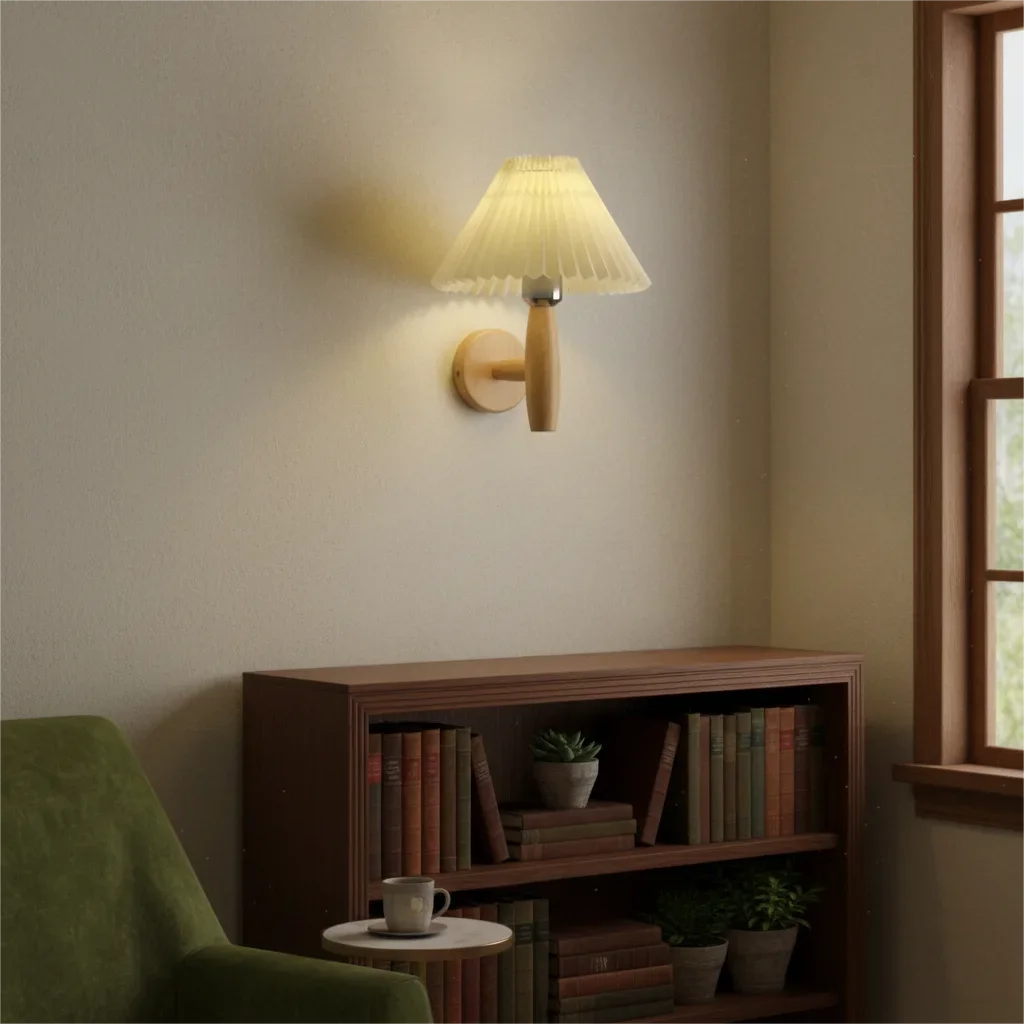 lampes murales bois clair abatjour plissé éclairage quotidien scandinave rustique chaleureux fixées mur plaque