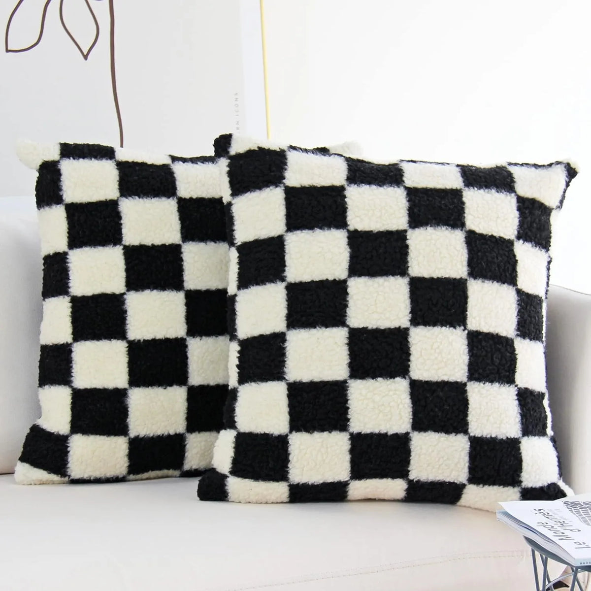 coussin fausse fourrure noir blanc motif carreaux mousse pu massage moderne lit chambre salon