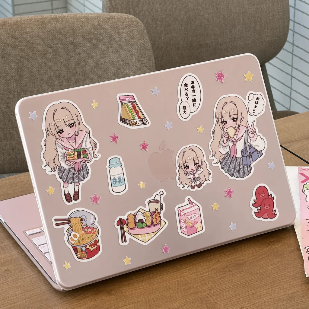 stickers kawaii dessins animés personnages desserts rose blanc gris noir opaques téléphone bagages moto