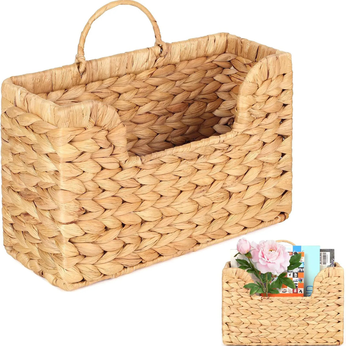 panier tissé main fibre végétale naturelle rustique élégant anneau métallique magazines tasses fleurs artificielles
