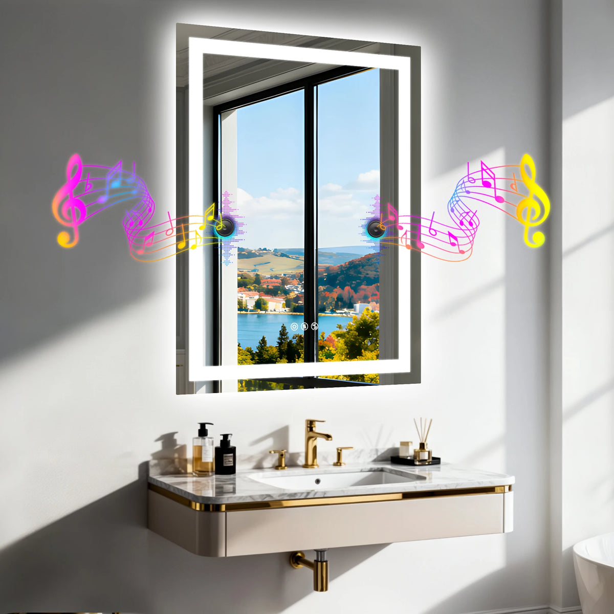 miroir lumineux moderne noir blanc gris notes musicales géométriques led bluetooth variable minimaliste