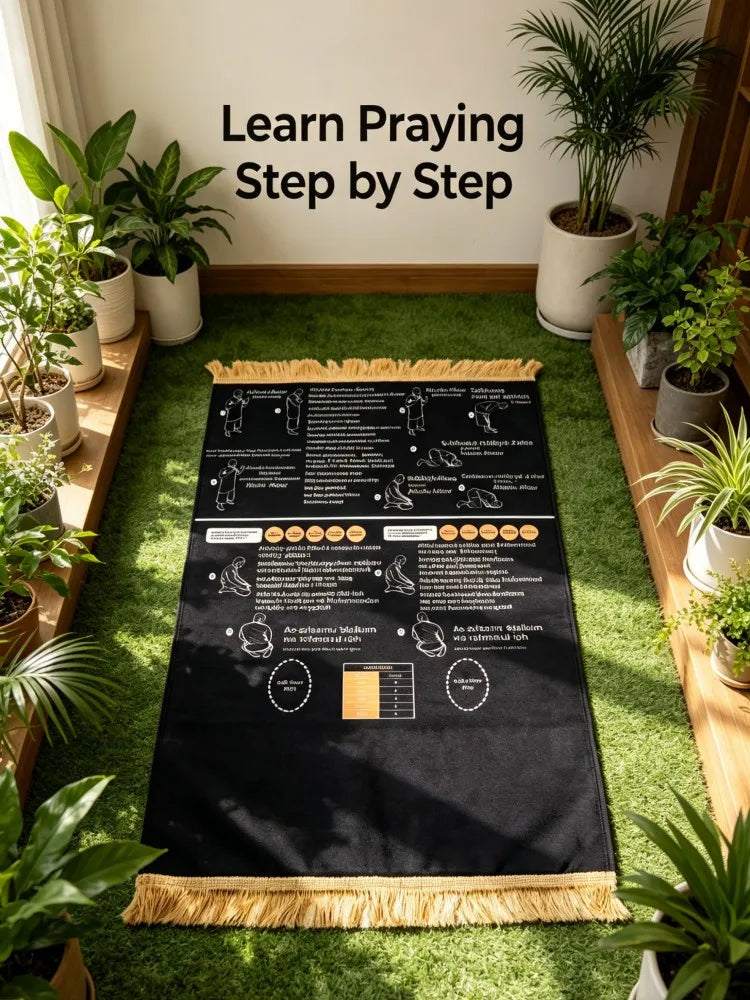 tapis prière musulman géométrique instructions didactique noir moderne étapes symboliques İslam