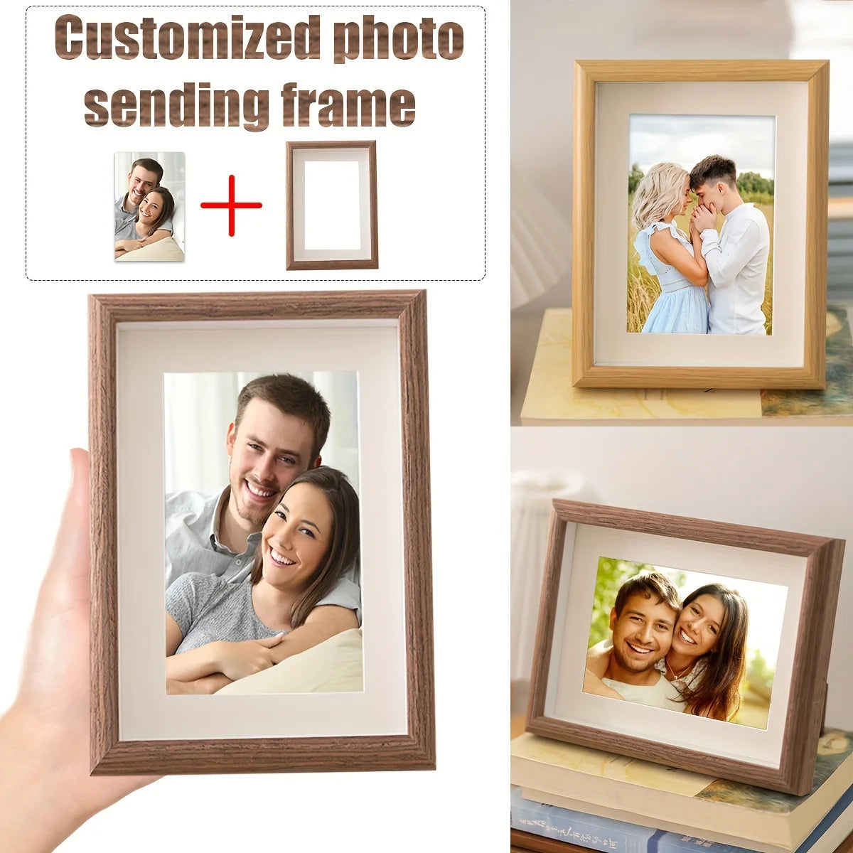 cadre photo personnalisable bois naturel classique protection adhésif inclusion image personnelle