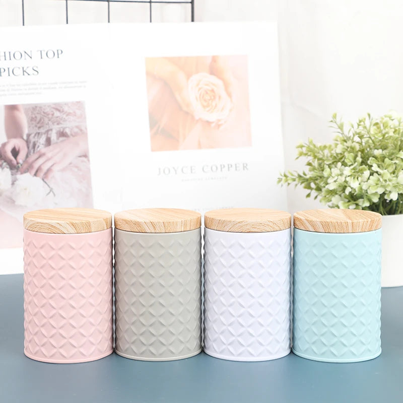 boîte rangement moderne pot épices conteneur bois couvercle bleu clair rose pâle blanc minimaliste