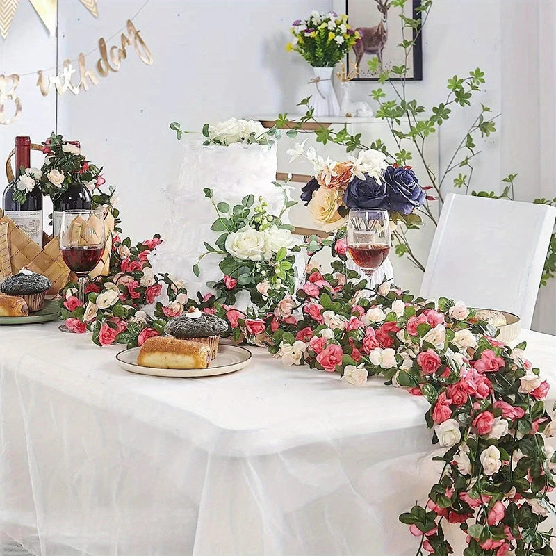 guirlande artificielle rose fleurs feuilles vertes decoration romantique maison mariageintérieur