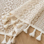 rideau dentelle beige motifs géométriques semi transparent vintage romantique tassellets