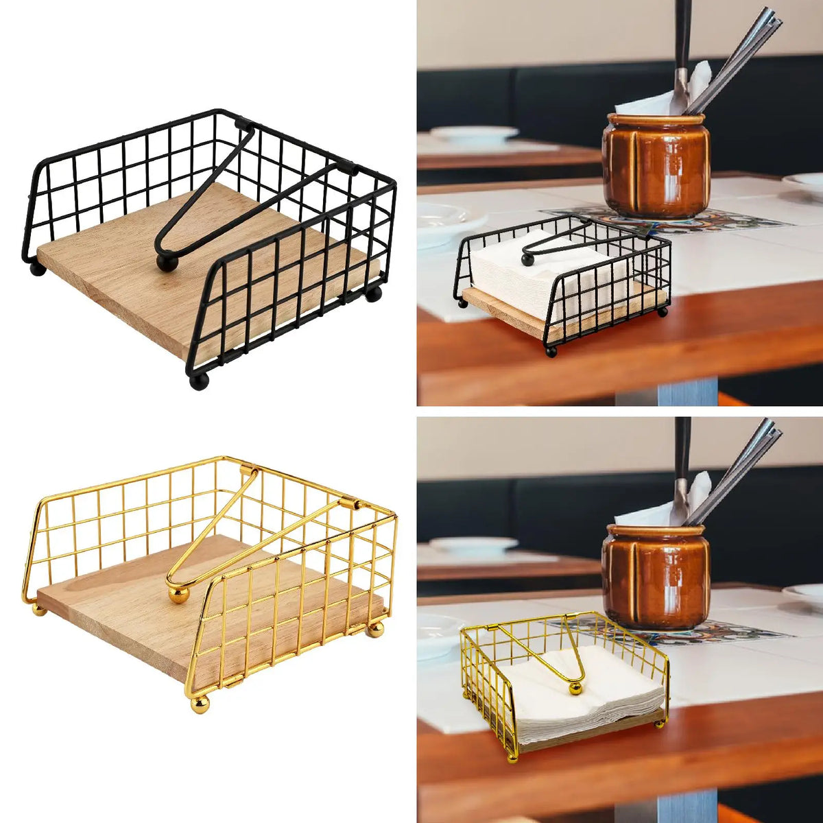 porte serviettes moderne noir doré base bois clair rangement table serviettes papier couverts moderne