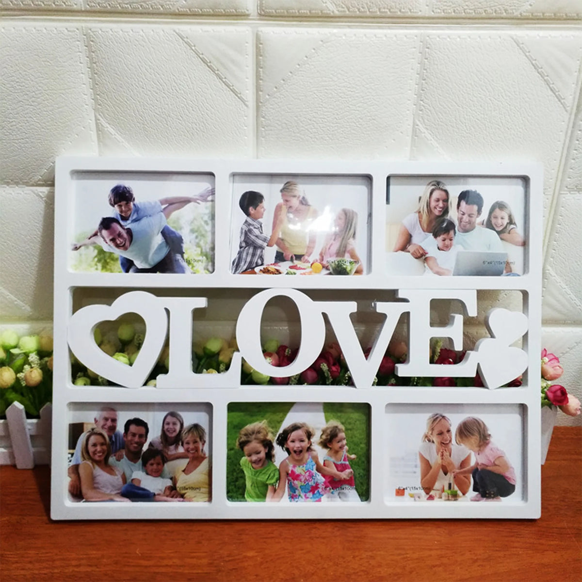 cadre photo multiple six ouvertures decoratif blanc noir motifs coeurs love family
