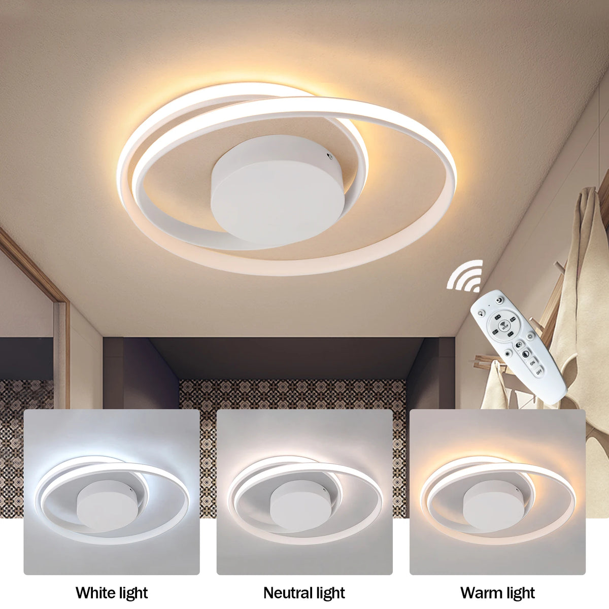 plafonnier led moderne noir blanc doré anneaux concentriques opacité télécommande flux lumineux interrupteur bouton