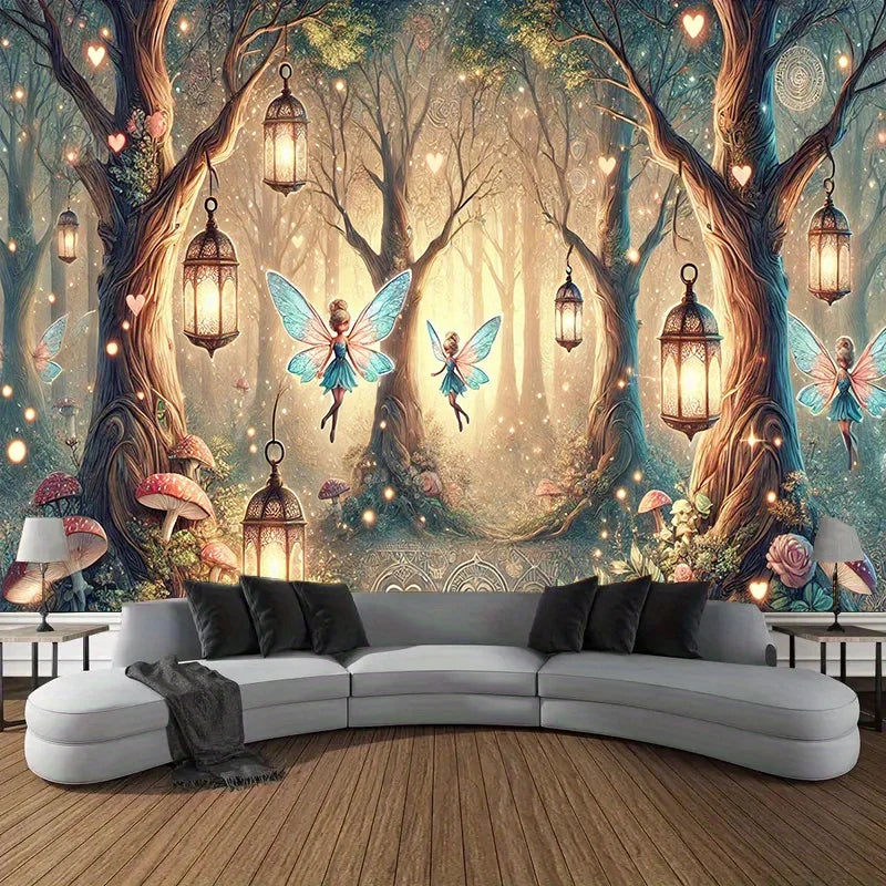 tapisserie magique forêt fées lanternes champignons roses géométriques vert bleu doré salon