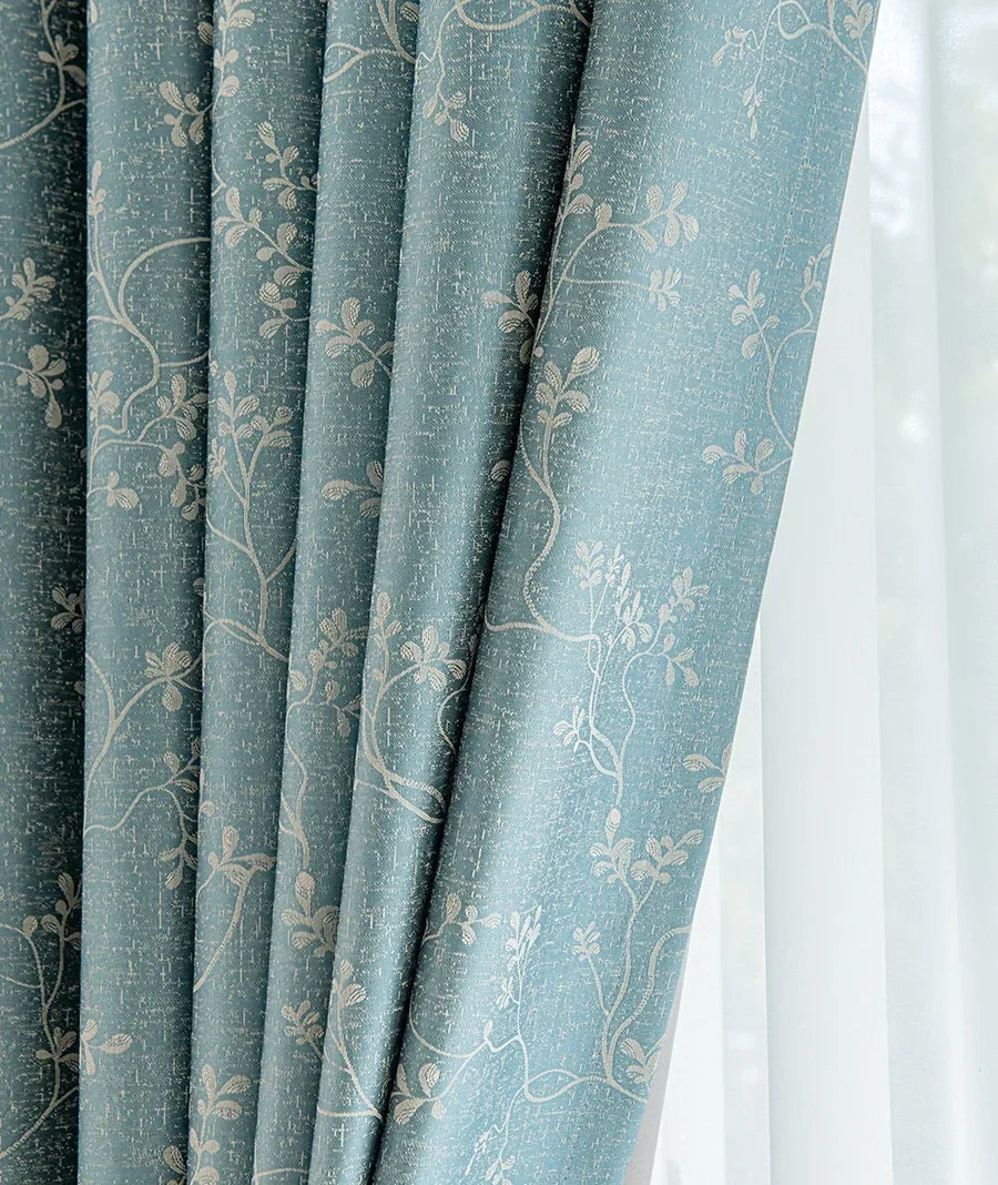 rideau occultant bleu vert motif fleurs blanches moderne salon chambre fenêtre maison