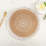serviettes table boho chic brodées franges beige blanches table rond 38cm lavables