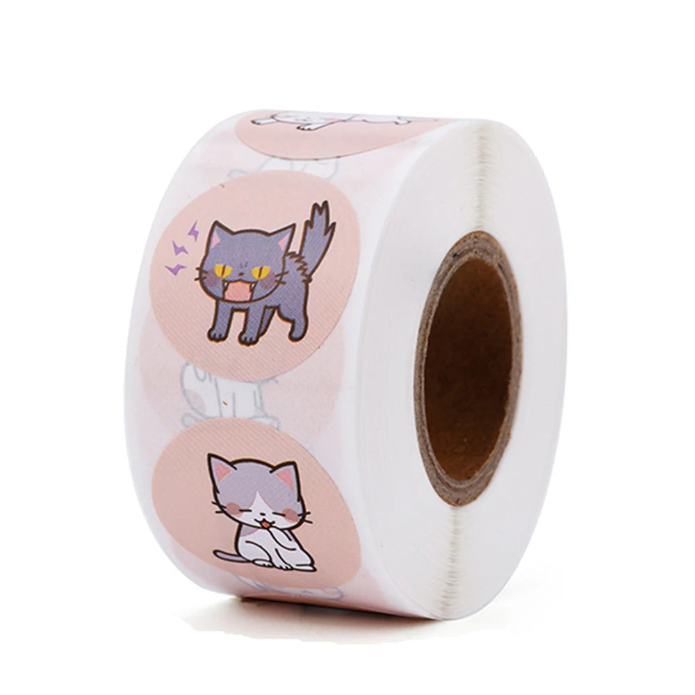 étiquettes autocollantes chats mignons cartoonaute collant papier roseclair noir gris blanc 1pouce 3cmx6cm rouleau