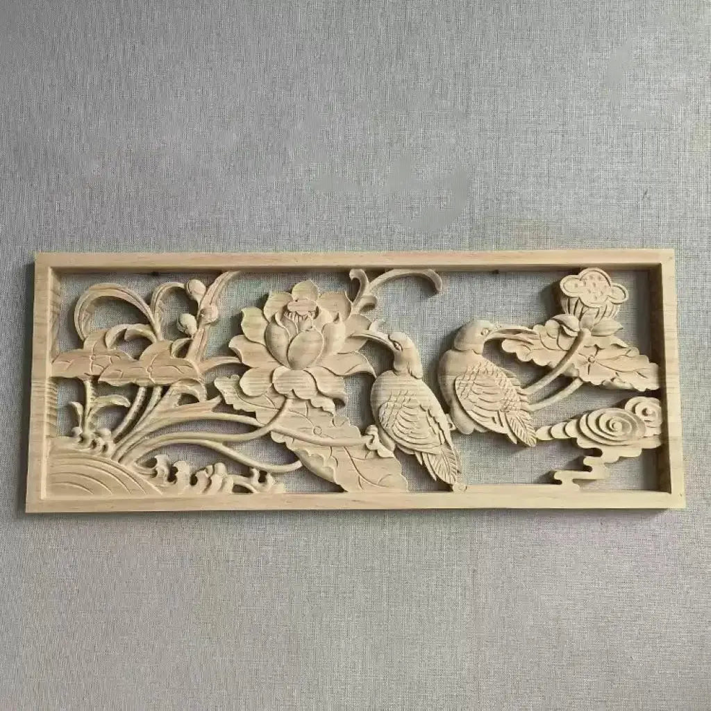 panneau decoratif bois sculpte oiseaux fleurs traditionnel chinois decoration murale rouge naturel