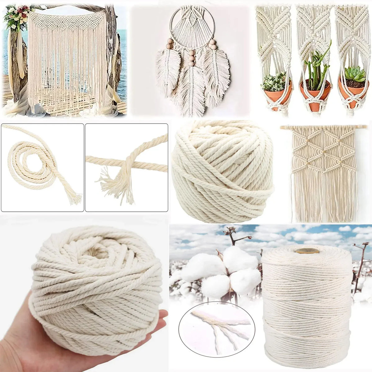 corde macramé coton naturel beige clair texture tissée franges boho artisanal