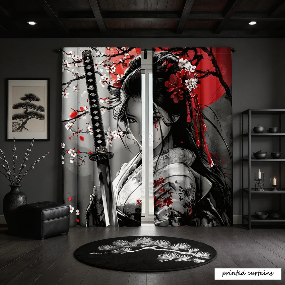 rideau imprimé art japonais femme katana fleurs cerisier noir rouge salon moderne