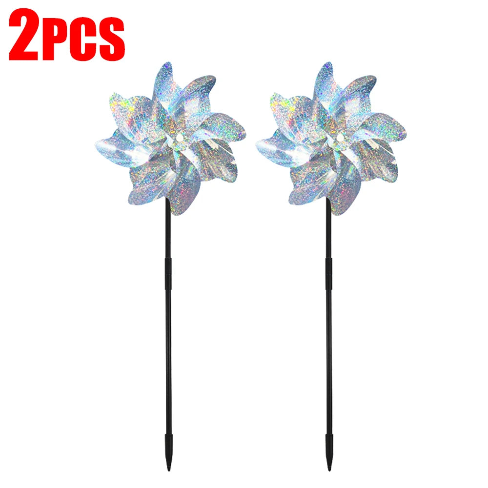 décor extérieur moderne moulin vent argent bleu jaune holographique 18cm 52cm piquet métallique jardin