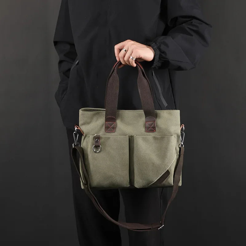sac main toile vert olive marron vintage casual poche avant bandoulière décontracté polyesterintérieur
