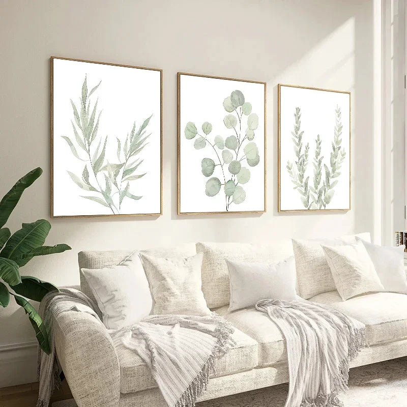 affiches murales toile feuilles stylisées minimaliste naturel vert clair blanc encadrées