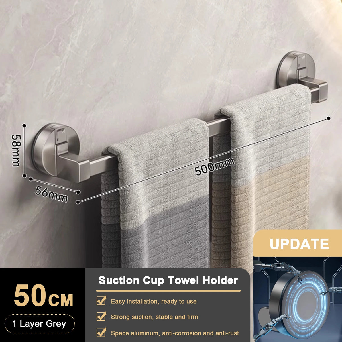 porte serviettes mural adhésif gris lisse moderne salle bain 30 40 50cm double barre