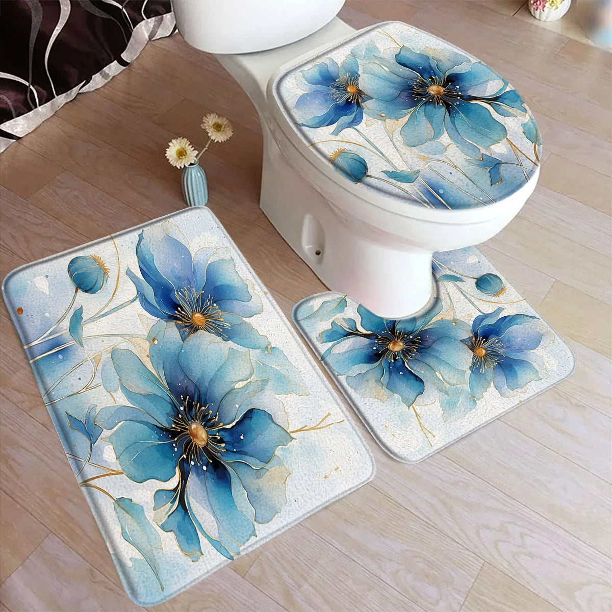 tapis toilette rose fleurs feuilles bain salle beige floral respectueux environnement trois pièces