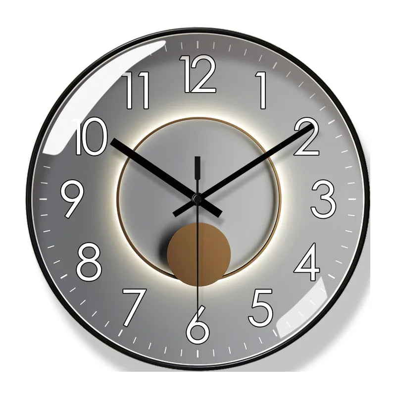 horloge murale moderne cadre doré motif planètes luxe silencieuse décoration salon intérieur gris