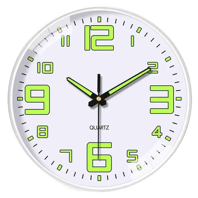 horloge murale moderne chiffres vert fluorescent fond noir blanc