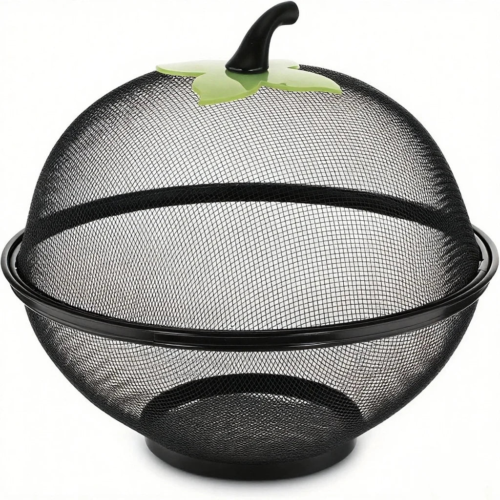 panier fruits métal maille noir vert couvercle semi transparent boho décoratif ludique