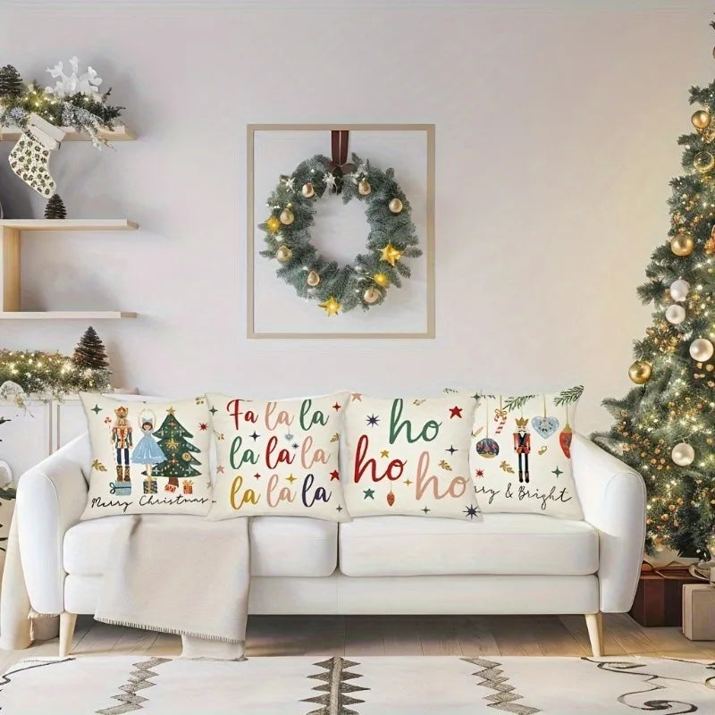 housses coussin noël imprimées motif soldat arbre cadeaux merry christmas fa ho ho ho
