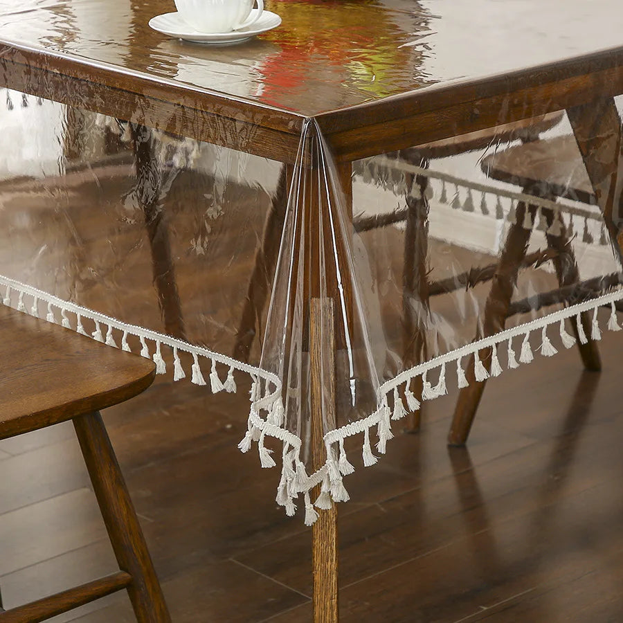 nappe table transparente franges blanches moderne imperméable extérieur mariage banquet haute qualité PVC