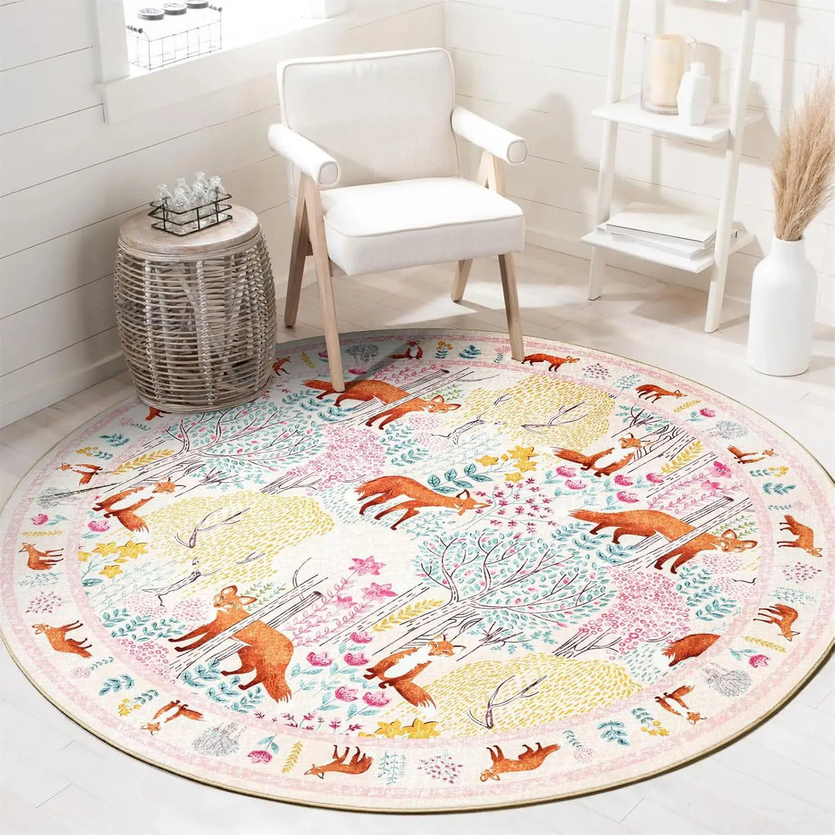tapis rond moderne renards forêt feuilles fleurs bleu orange vert chambre enfant salon