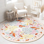 tapis rond moderne renards forêt feuilles fleurs bleu orange vert chambre enfant salon