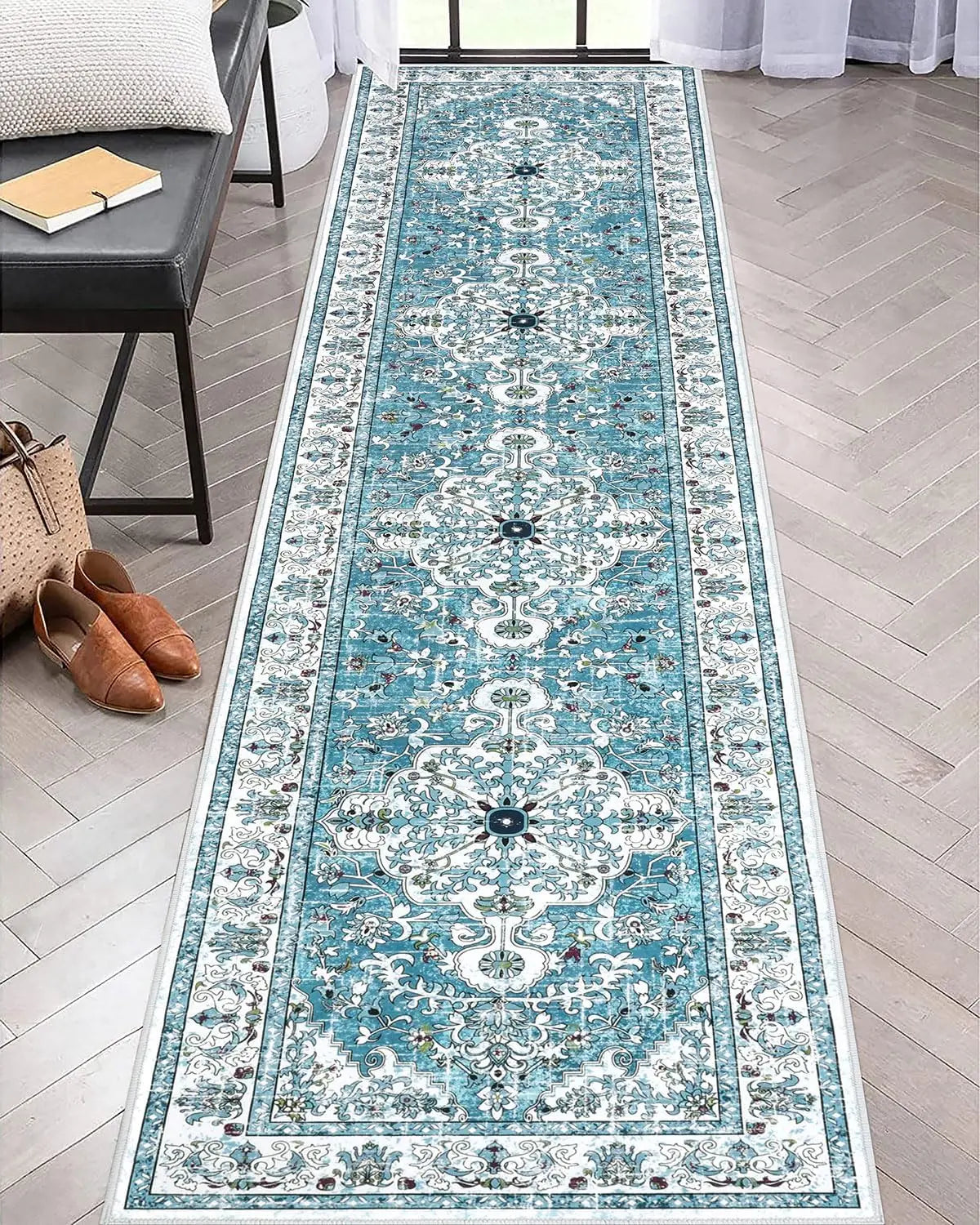 tapis géométrique bohème bleu blanc orange salon salle bain moderne ornement floral