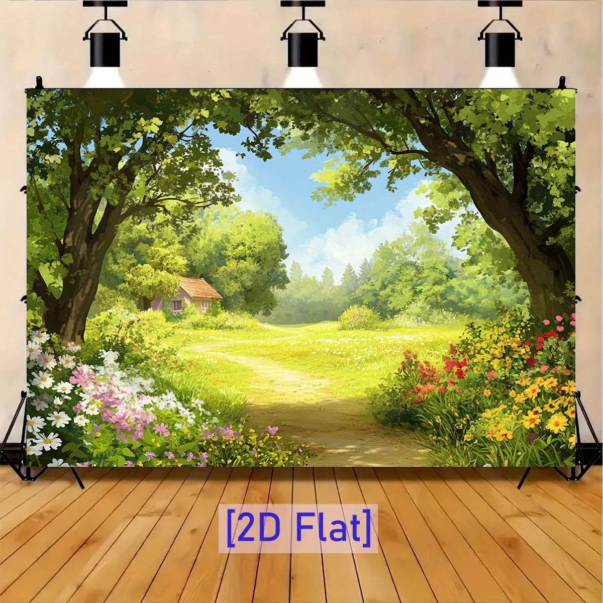 panneau décoratif mural paysage champêtre arbres maison fleurs occasion anniversaire mariage vert jaune blanc