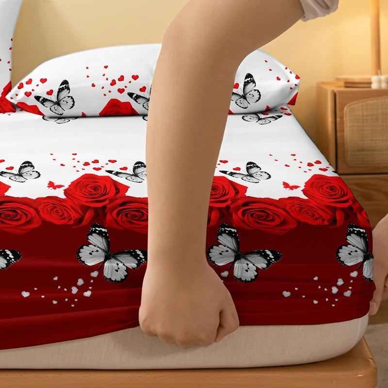 lit drap floral papillons roses rouges blancs coeurs romantiquesetSize 138x190cm 153x203cm