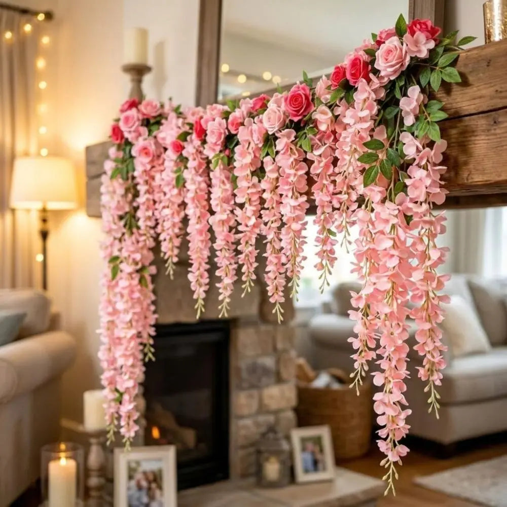 guirlande fleurs artificielles rose blanche extérieur décoration romantique occasion fête clips ruban support