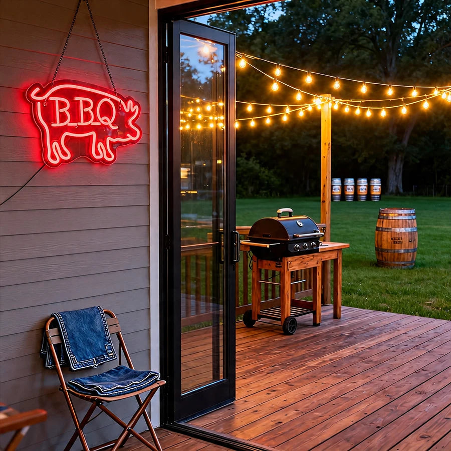 néon lumineux barbecue steak fourchette couteau flamme porc kebab rouge blanc moderne fixations murales